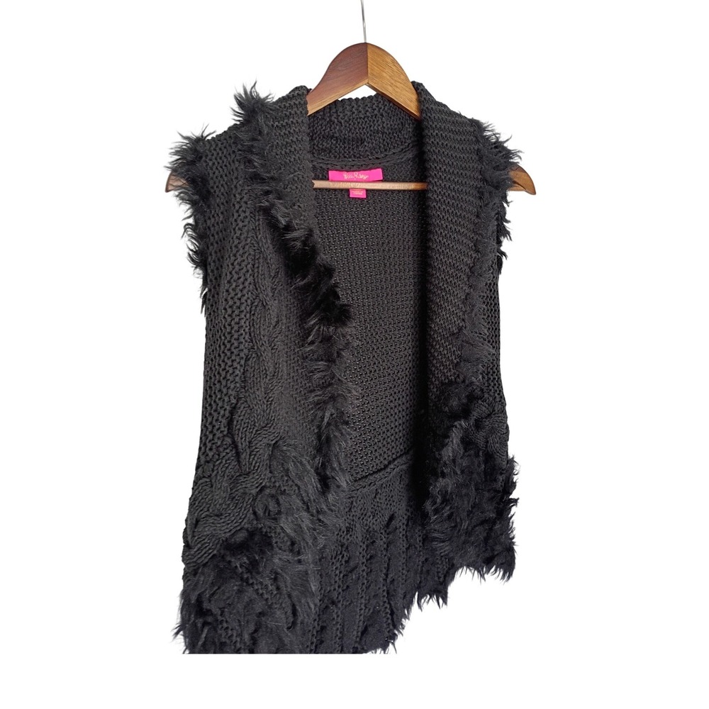 Lilly Pulitzer Boho Faux Fur Trim Cable Knit Vest Cotton Blend Fits S $168